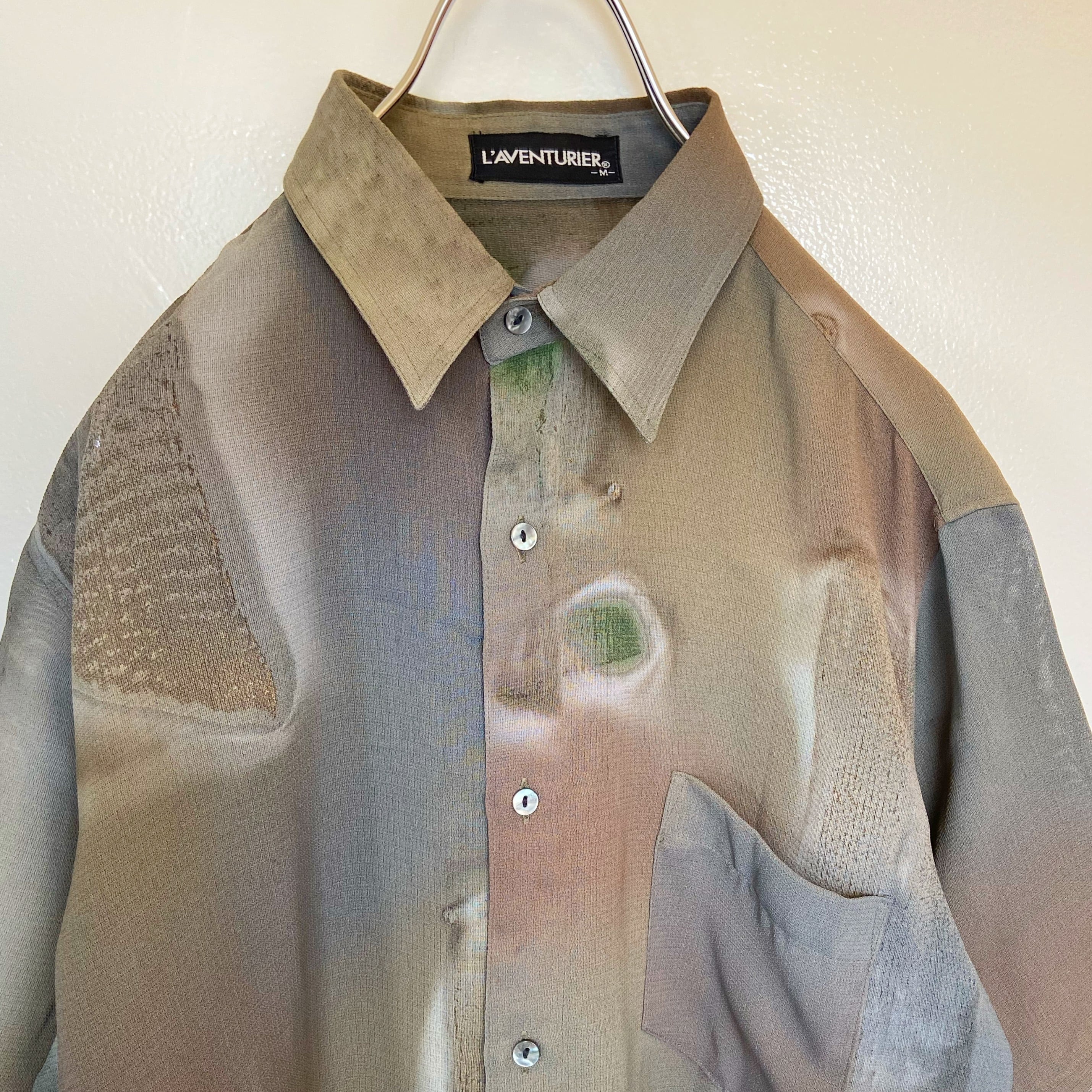 一点物 古着 総柄シャツ アースカラー 半袖 ポリエステルシャツ 菅田将暉 