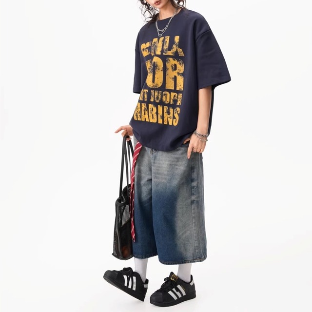 クラッシュダメージレタープリントハーフスリーブTシャツ 1col   R01926