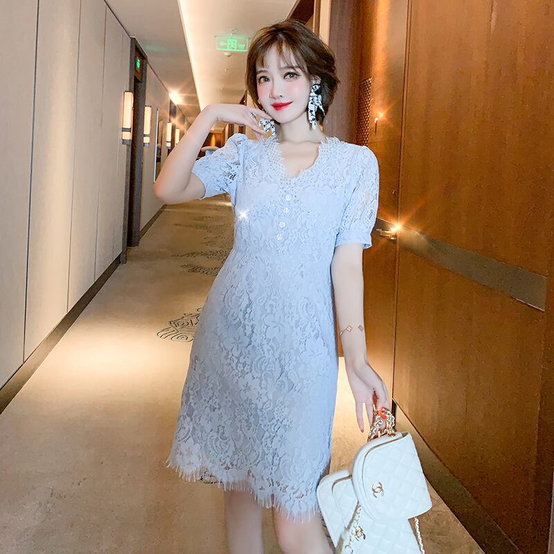 レースVネックウェストドレス スプリング 春物 MIUCO88135901649