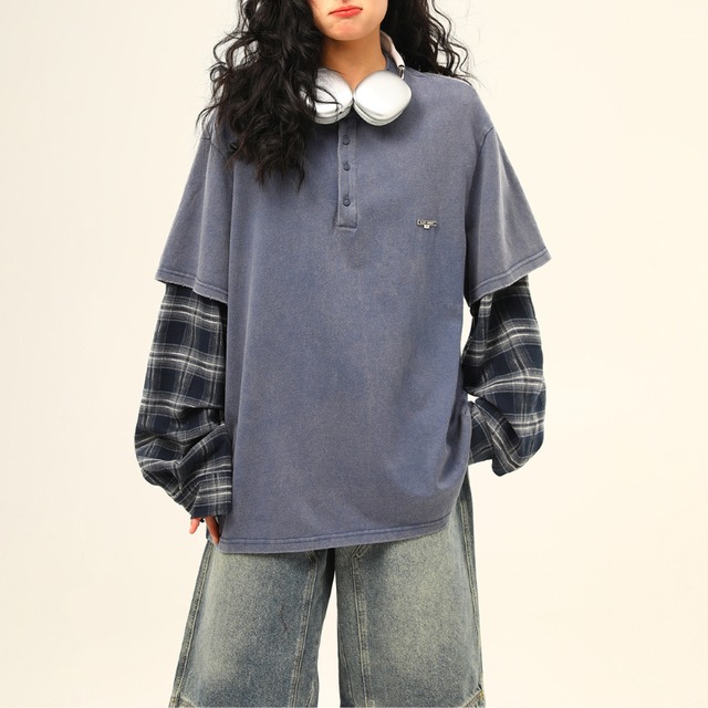 henley neck fake two-piece long tee　ヘンリーネックフェイクツーピースロングティー　J1489