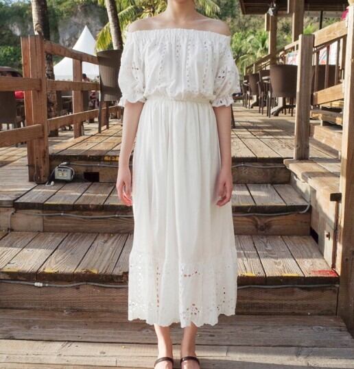 ワンピース レディース ロングスカート 五分袖 オフショルダー パフスリーブ フレアワンピース レース ハイウエスト プルオーバー ウエストゴム ボヘミアン フェミニン 無地 ホワイト かわいい シンプル きれいめカジュアル 清楚 大人可愛い ラフ ガーリー キュート リラックス ナチュラル 10代 20代 30代 40代 S M L XL 春 夏 秋 デート お出かけ 女子会 リゾート 海 プール 休日 普段使い ホテルステイ 旅行 体型カバー 楽ちん 脚長 モテ 送料無料 綿 韓国 ファッション