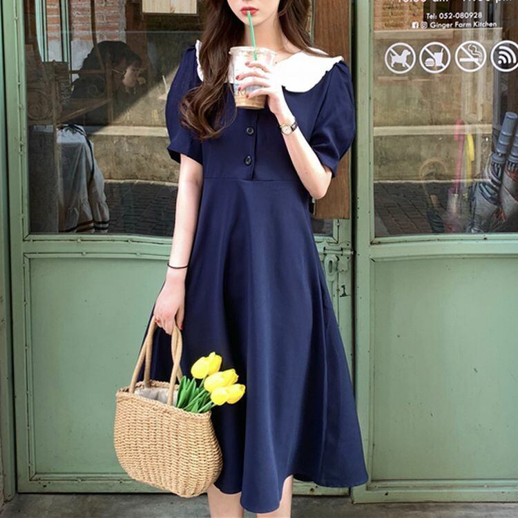 レディース 襟付きワンピース ひざ丈 フレア ハイウエスト Aライン 韓国ファッション オルチャン Retro Collar Short Sleeve Dress Dct Value Rave Notice バリューレイヴノーティス 韓国ファッションやハワイアンジュエリーなど海外通販