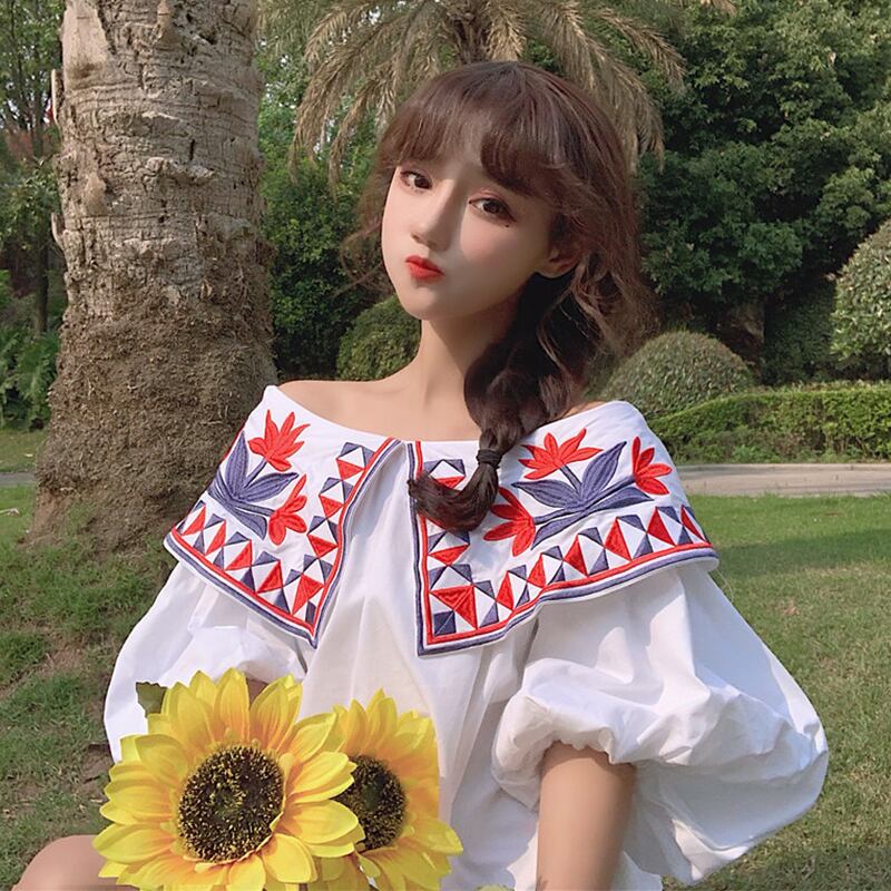 サマースタンダードシャツ Flowerデザイン 刺繍スリーブトップス ランタンスリーブ レトロ 夏物 フラワーデザイン 萌量不足52049004338