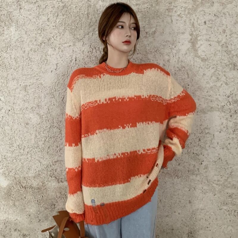 ストライプニットセーター レディースルーズプルオーバー トップス スプリングオータム 春物 秋物 YY-ファッション27095781578
