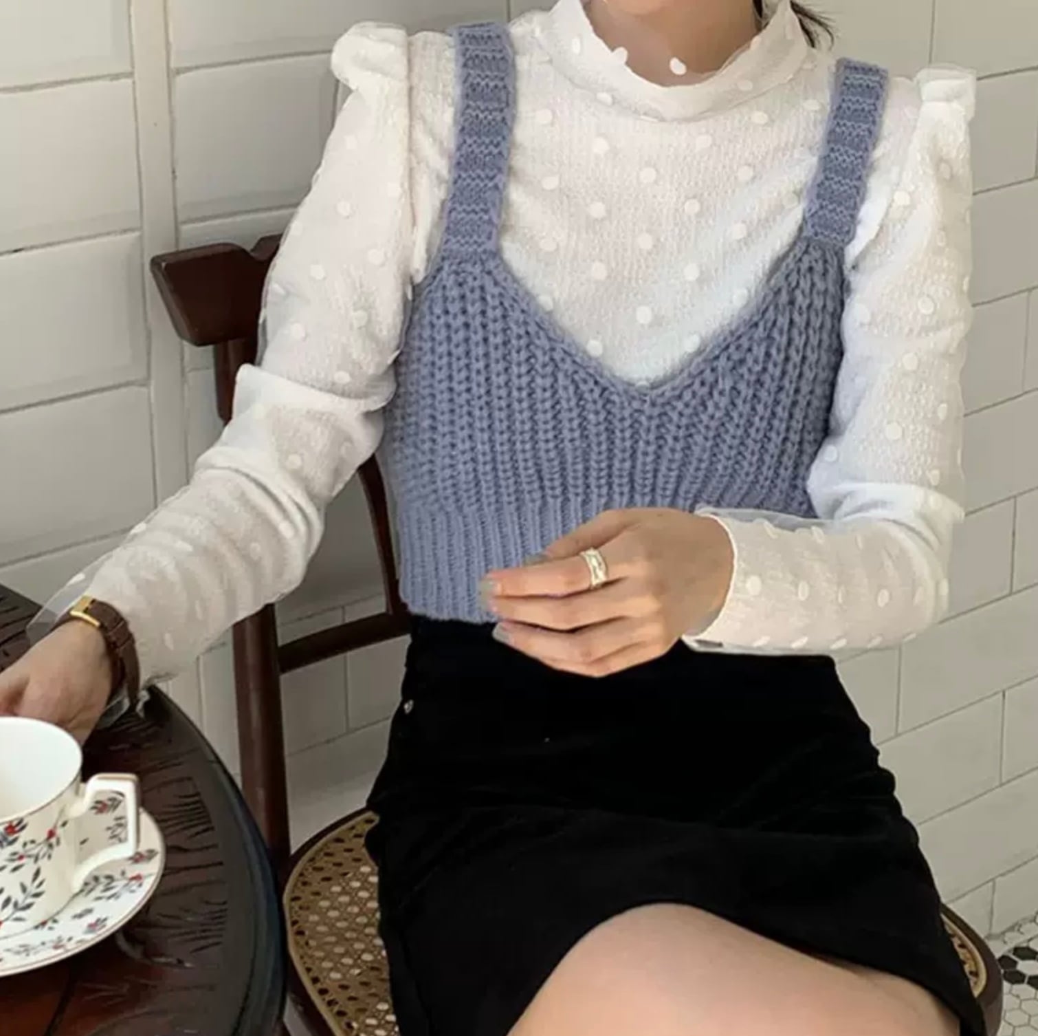 レトロかわいい レイヤード ビスチェ フリルネック カットソー オーガンジー ドット柄 おしゃれ かわいい ナチュラル フェミニン Lamitte Deco トレンド 韓国ファッション ショップ Base店