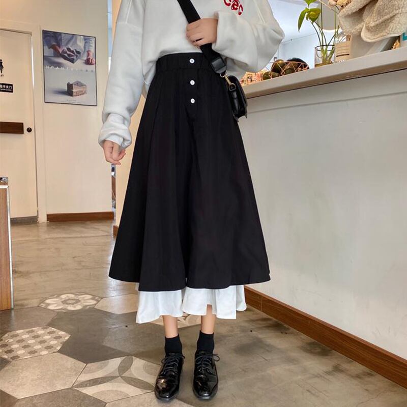 スカート オータムダークブラックハイウェスト薄手スタンダードAライン レトロ 秋物 萌量不足6386039153