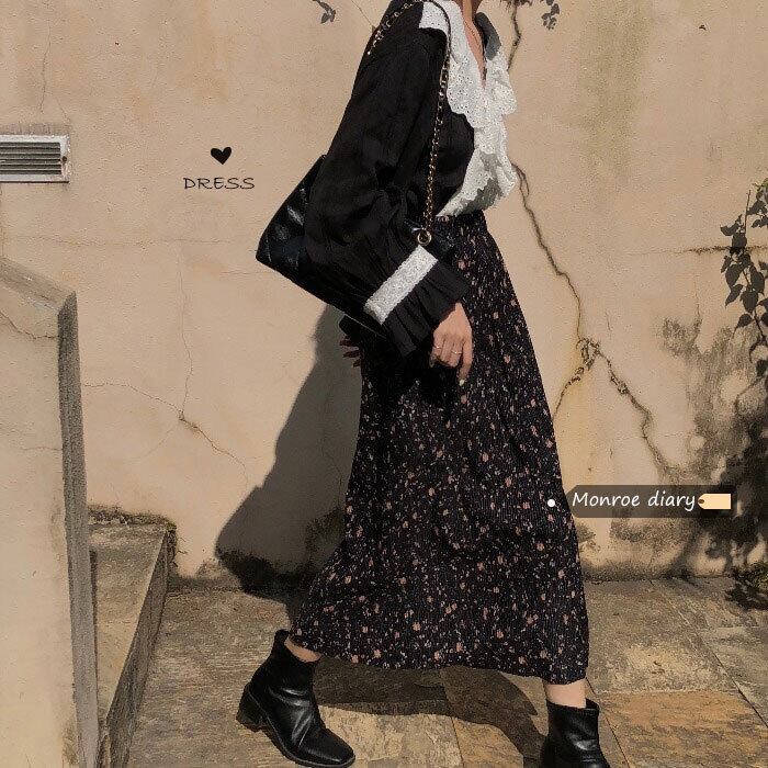 スタンダードフローラルプリーツスカート オータムウィンターセーター ハイウェストウェストAラインロング レトロ 秋物 冬物 花柄 モンロー6607050868