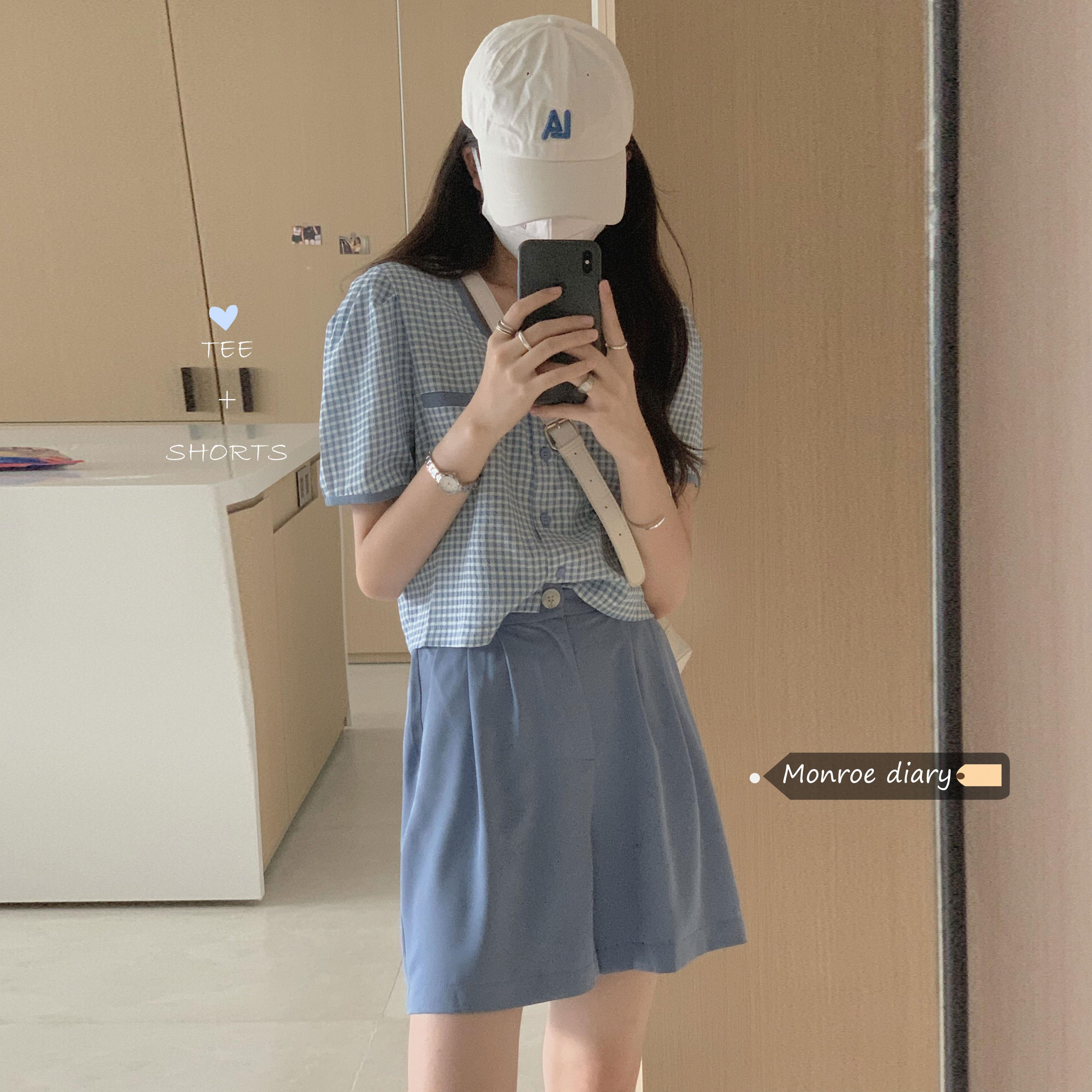 ブルーVネック格子柄スリーブシャツ サマー 夏物 モンロー95011465395