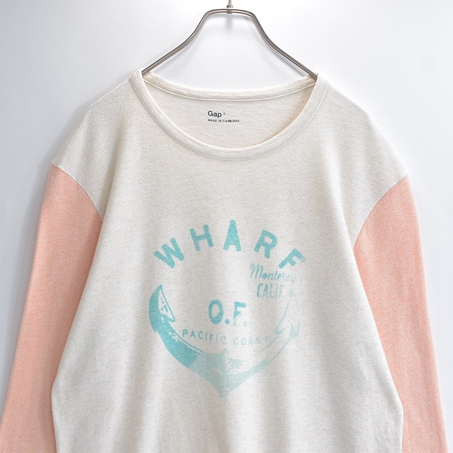 00s Gap ギャップ 七分袖 長袖Tシャツ 半端丈 切替 アンカー イカリ プリント ベースボールTシャツ オートミール ピンク USED ヴィンテージ ビンテージ 古着 メンズ L
