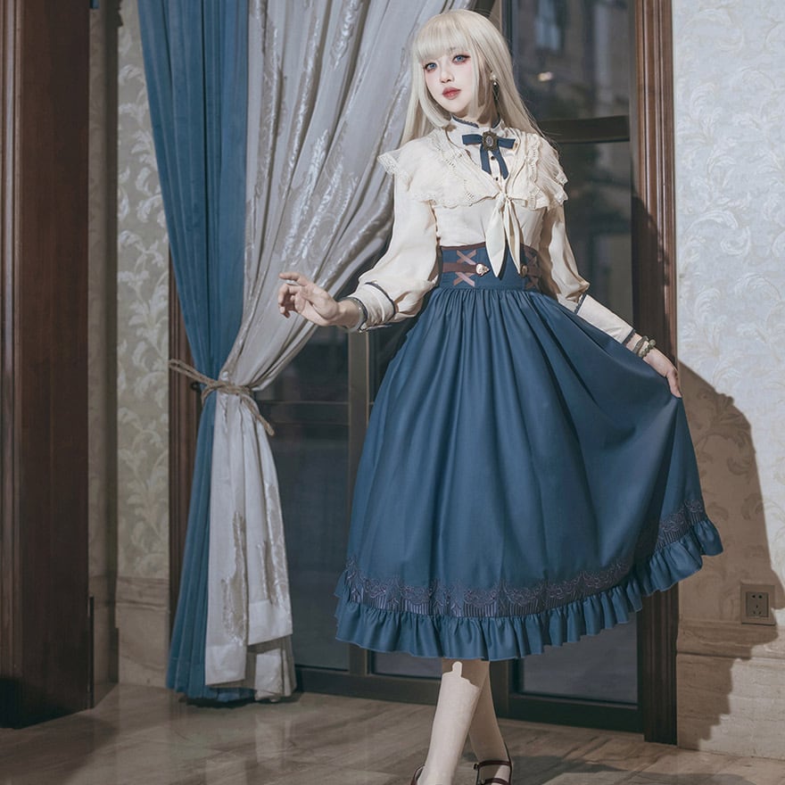 SEASONZ クラロリ セットアップ リボン 3点セット ケープ ブラウス スカート ハイウエスト レトロ クラシカル 控えめ