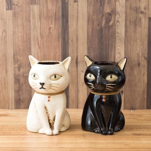 セラミックフラワーポット 白猫 黒猫 ネコ 花瓶 観葉植物 プランター