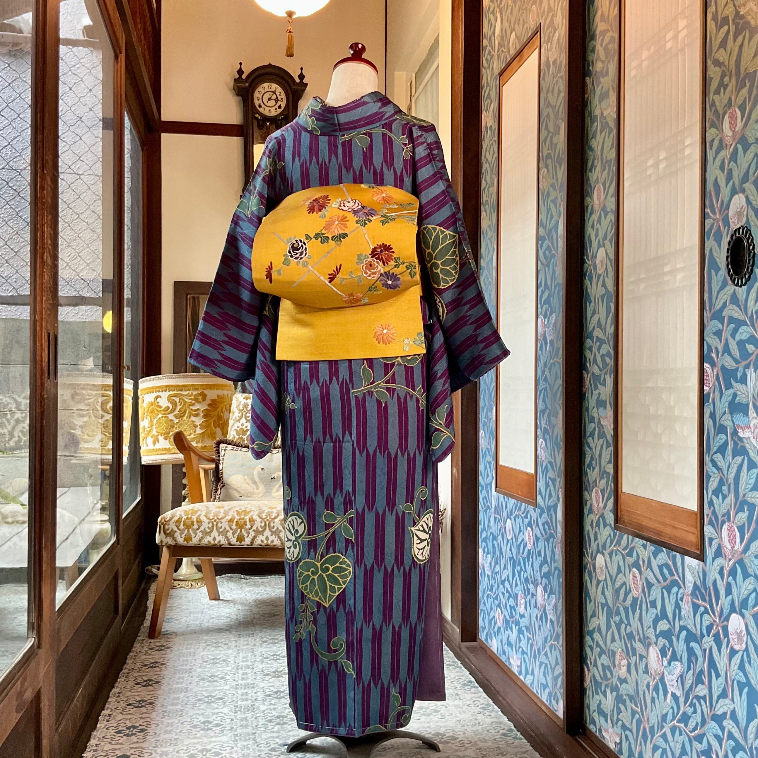 陽だまりの小菊＊刺繍 竹格子 山吹色 芥子 辛子 マスタード イエロー