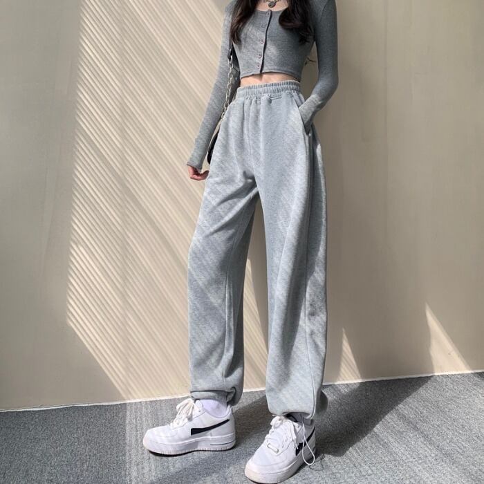 グレーカジュアルパンツ オータムハイウェスト薄手 秋物 ガールズファッション2853296450