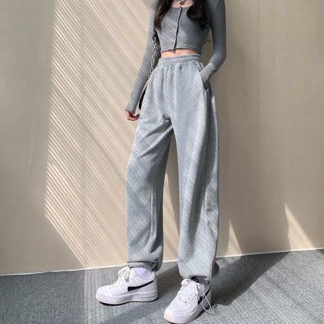 グレーカジュアルパンツ オータムハイウェスト薄手 秋物 ガールズファッション2853296450