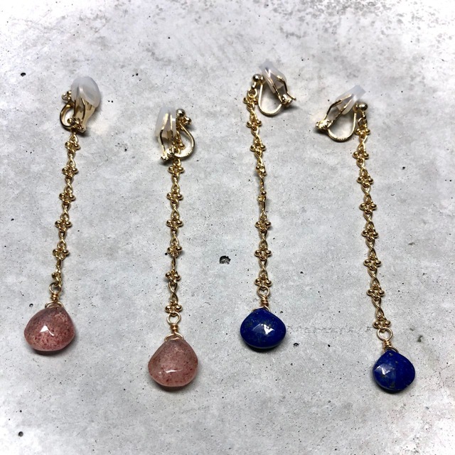 【LE-3BR】Lapislazuli design chain earring　                                                                                      【LE-4BR】strawberry quartz design chain earring