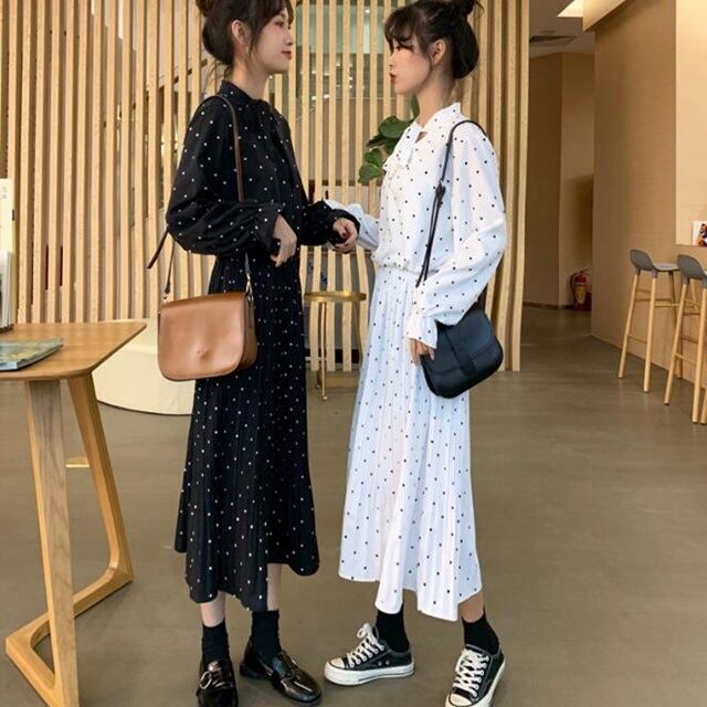 送料無料】ドット柄 ワンピース ロング ミモレ丈 プリーツ ハイ