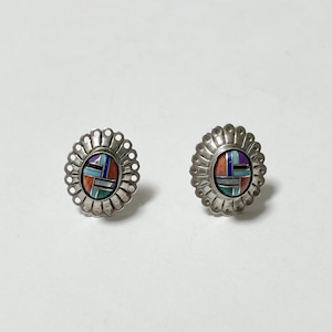 Vintage Southwestern Sterling Multicolor Inlay Pirced Earrings