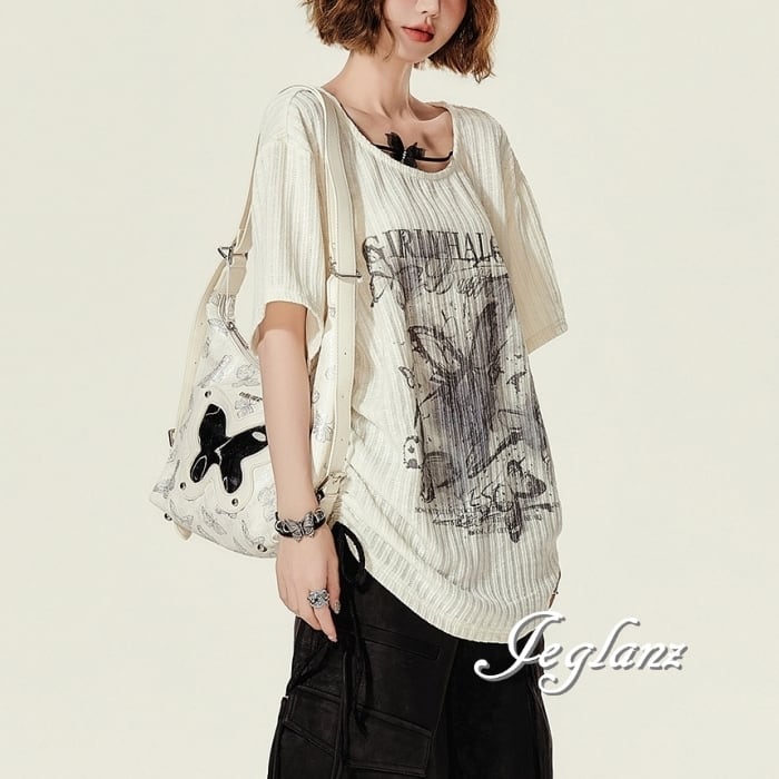 メッシュ バタフライ 蝶 モチーフ Tシャツ ロンT サイドギャザー(MC519)β