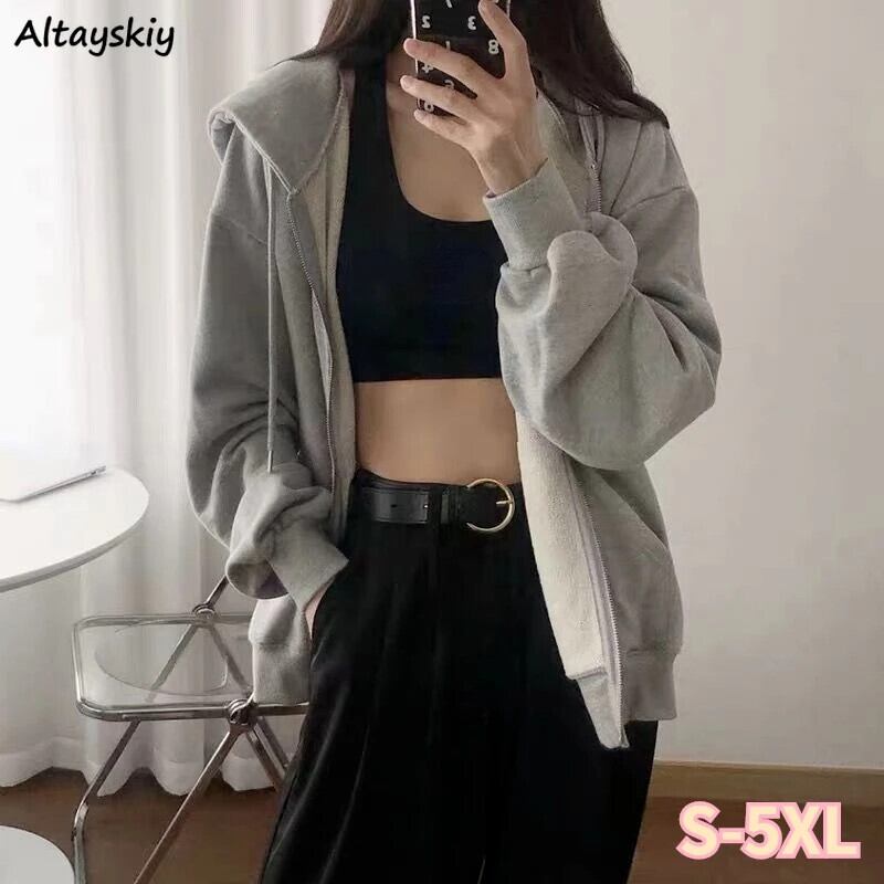 【新作】【送料無料】 パーカー女性シンプルなソリッドグレー 5XL ルーズフード付きスウェットベルベット女性秋居心地の良いフロントポケットインレジャー人気 0318691478242