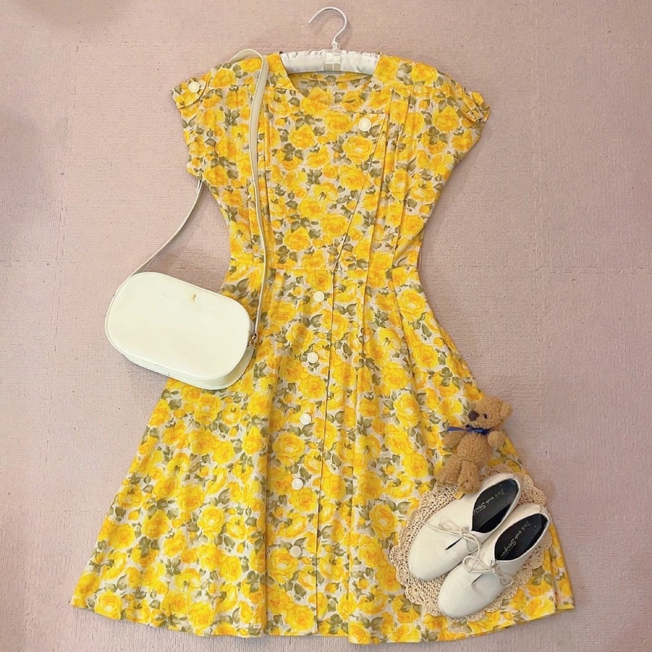 yellow rose white button one-piece