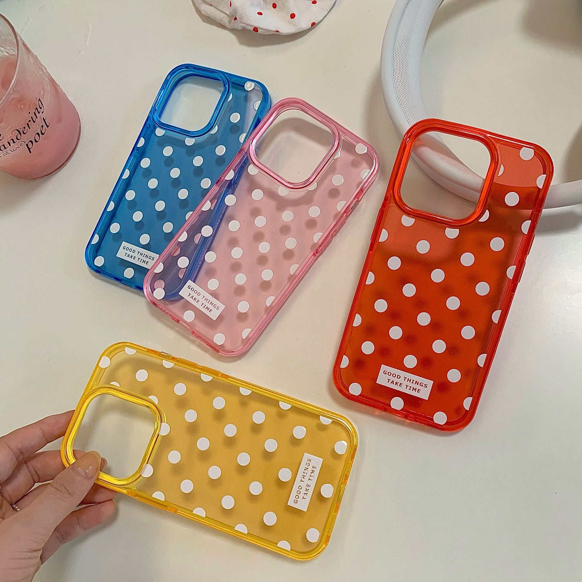 【iPhone15対応】可愛らしいドット柄◎4色から選べる カラークリアケース 水玉 おしゃれ カラフル かわいい 透明 スマホケース ND-15419