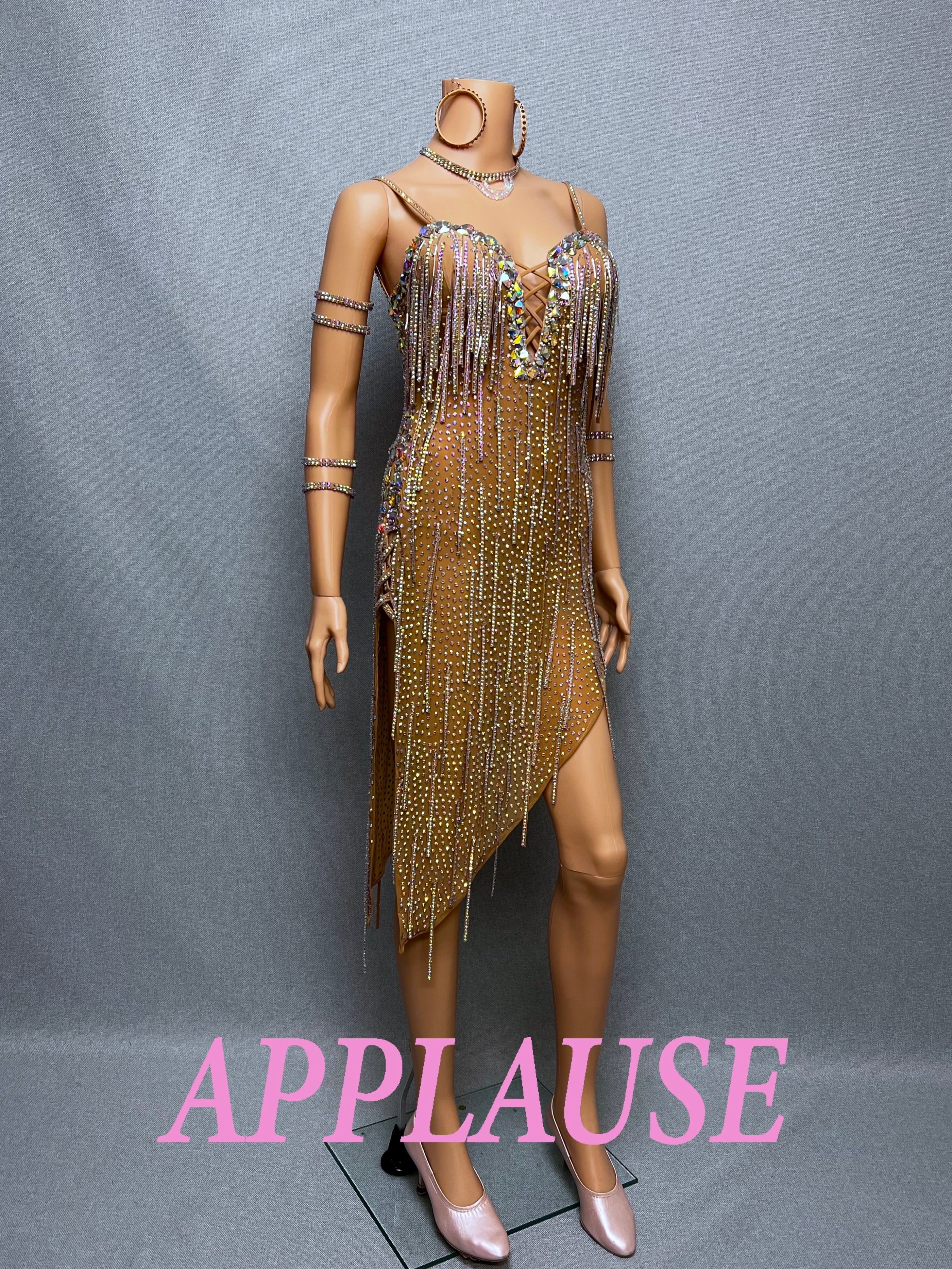 【新着】社交ダンスドレス　ラテンドレス　LA-25-4　 ダークベージュ　M　デモ・競技用ドレス　発表会衣装　パーティドレス　ワンピース　舞台衣装