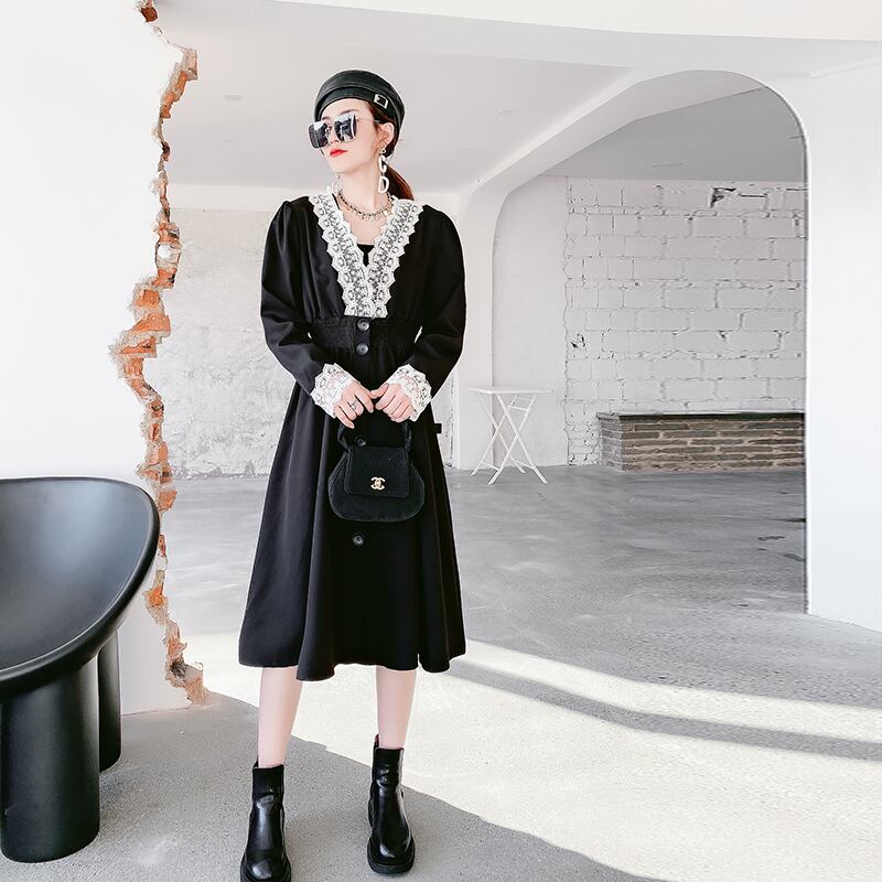 オータムドレス ウェストレースVネックスカート 大きめサイズ 秋物 ミックスインファッション68303609909