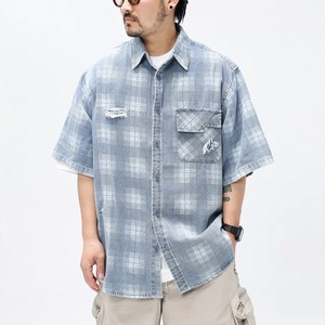 Distressed plaid denim work shirt 1436