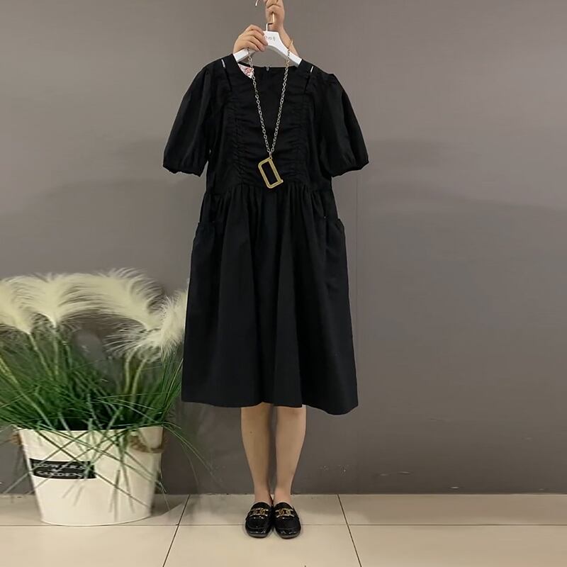 サマーウェストルーズ薄手ラウンドネックドレス 大きめサイズ 夏物 Oネック ミックスインファッション69206336413