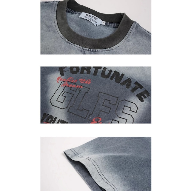 グラデーションウォッシュレタープリントデニムTシャツ 1col R02535