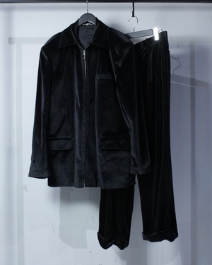 【Caka BLACK】Stripe Pattern Vintage Loose Zip Up Velour Setup