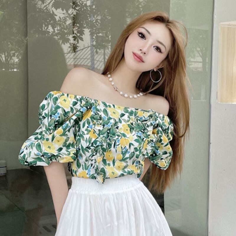 フローラルシャツ サマースタイルスリーブ薄手ブラウス 夏物 花柄 ハンチェンe30092808765