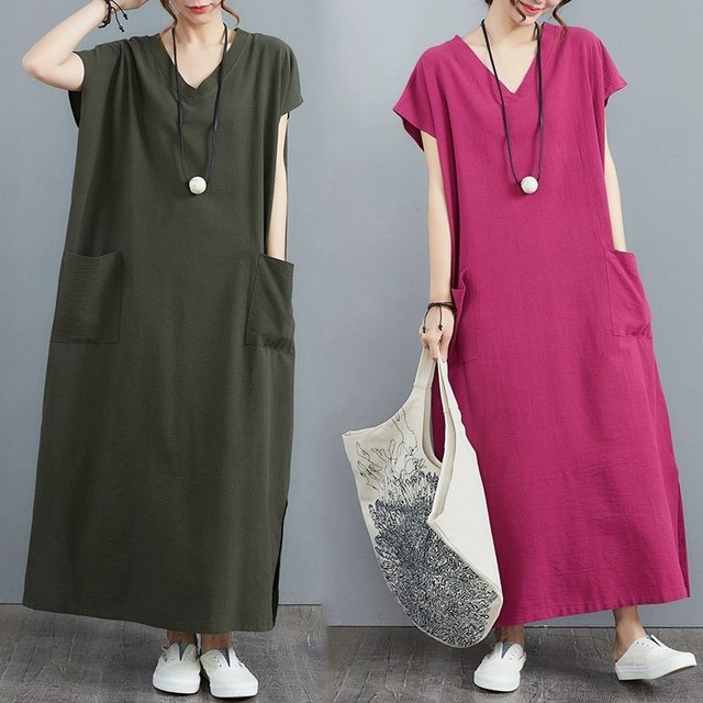 SOLID V-NECK FRENCH SLEEVES WIDE LONG DRESS 2colors M-13777