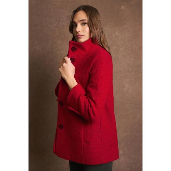 レッド ブークレ素材 ハイネックショートコート ウールコート