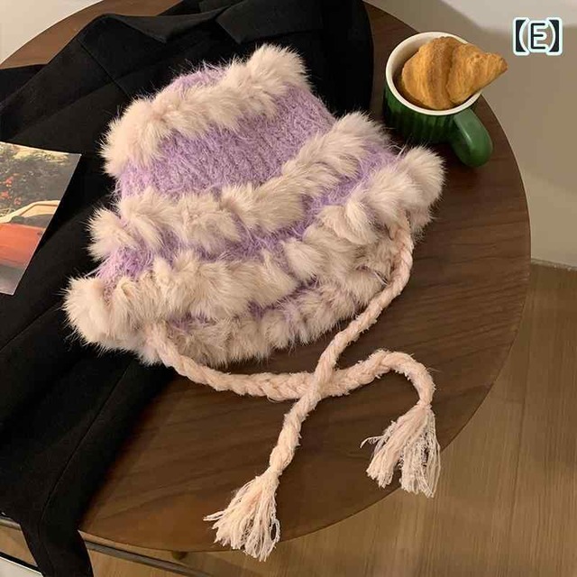 ニット帽 もこもこ ファー付 きれいめ ワッチ ビーニー 帽子 ボリューム 耳当て 韓国系 可愛い バイカラー 毛皮 毛糸 キャップ カーキ 茶色 ピンク 青 緑 ボーダー 個性的 厚手 つば無し ハット レディース エコファー 防寒 暖かい ラフ