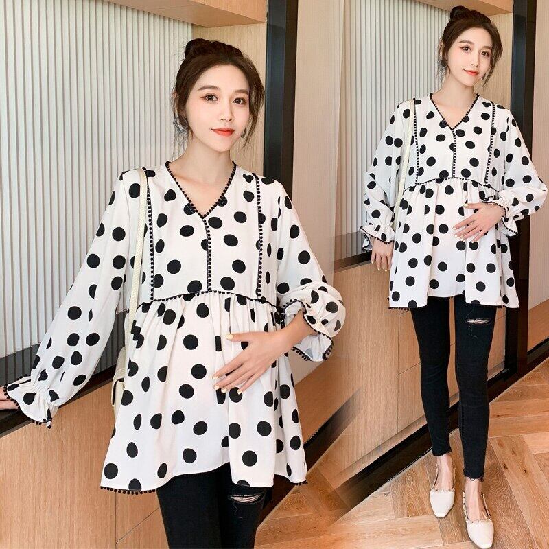 【新作】【送料無料】 9398＃マタニティ服春秋Vネックドットプリント長袖イージーマッチングルーズスタイリッシュドレス妊婦 ロング スプリング 春物 オータム 秋物 AL expec312211395769