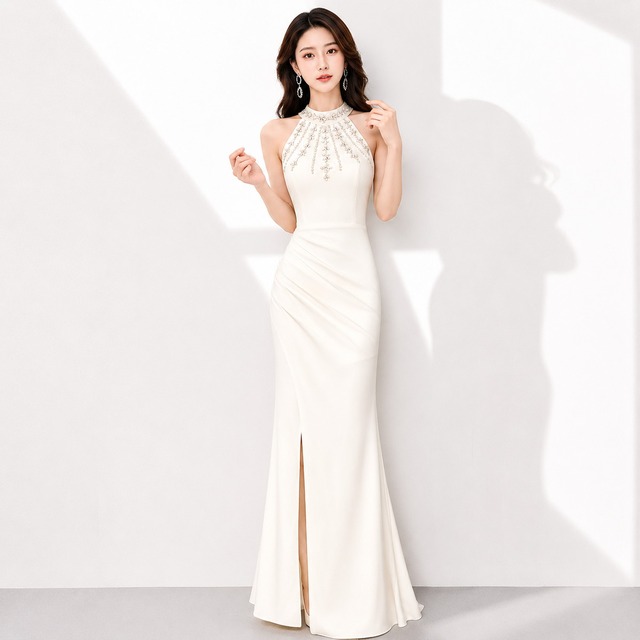 Beaded High Neck Slit Long Dress(2color) V3568