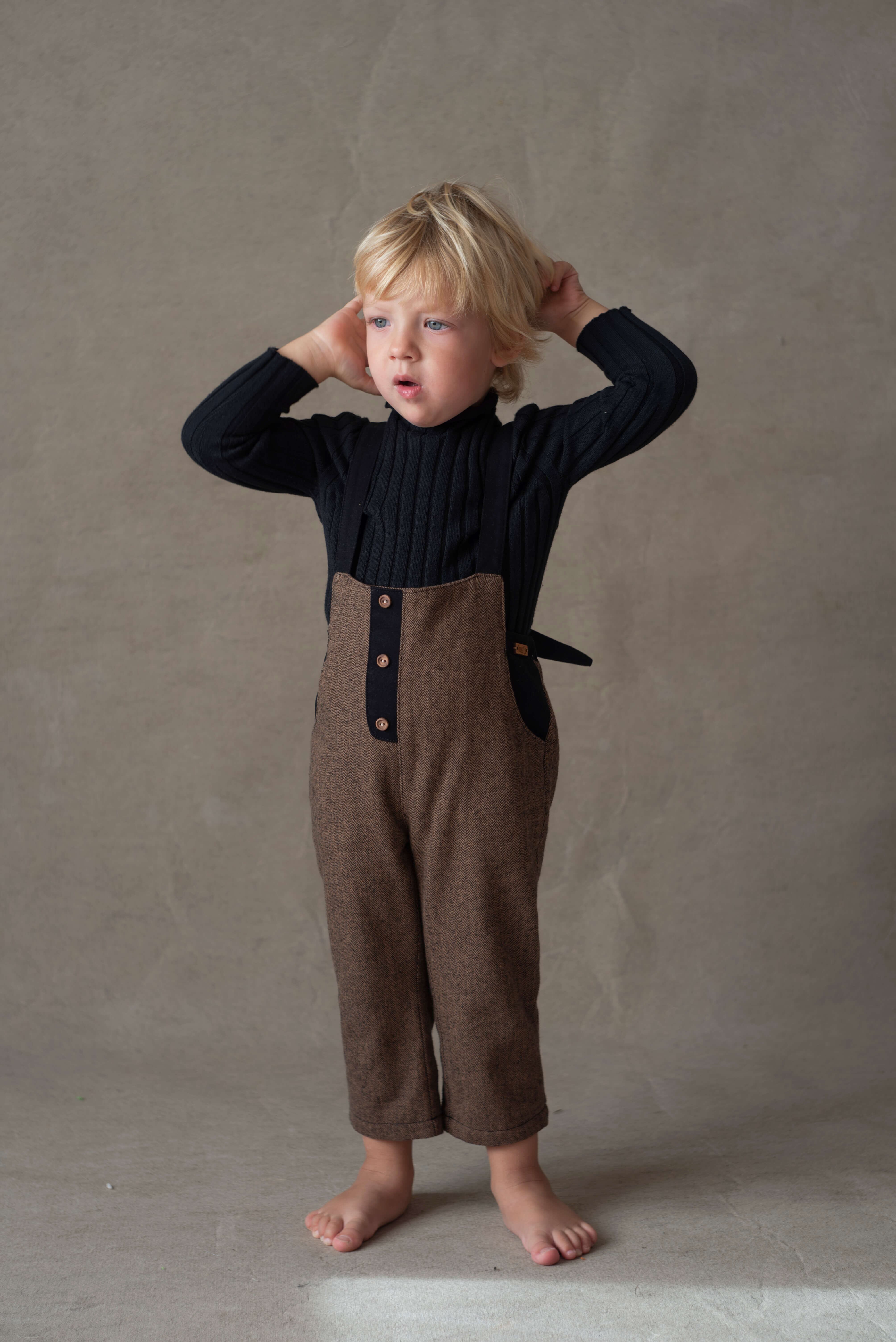 【即納/送料無料】popelin / Brown micro-herringbone contrasting dungarees
