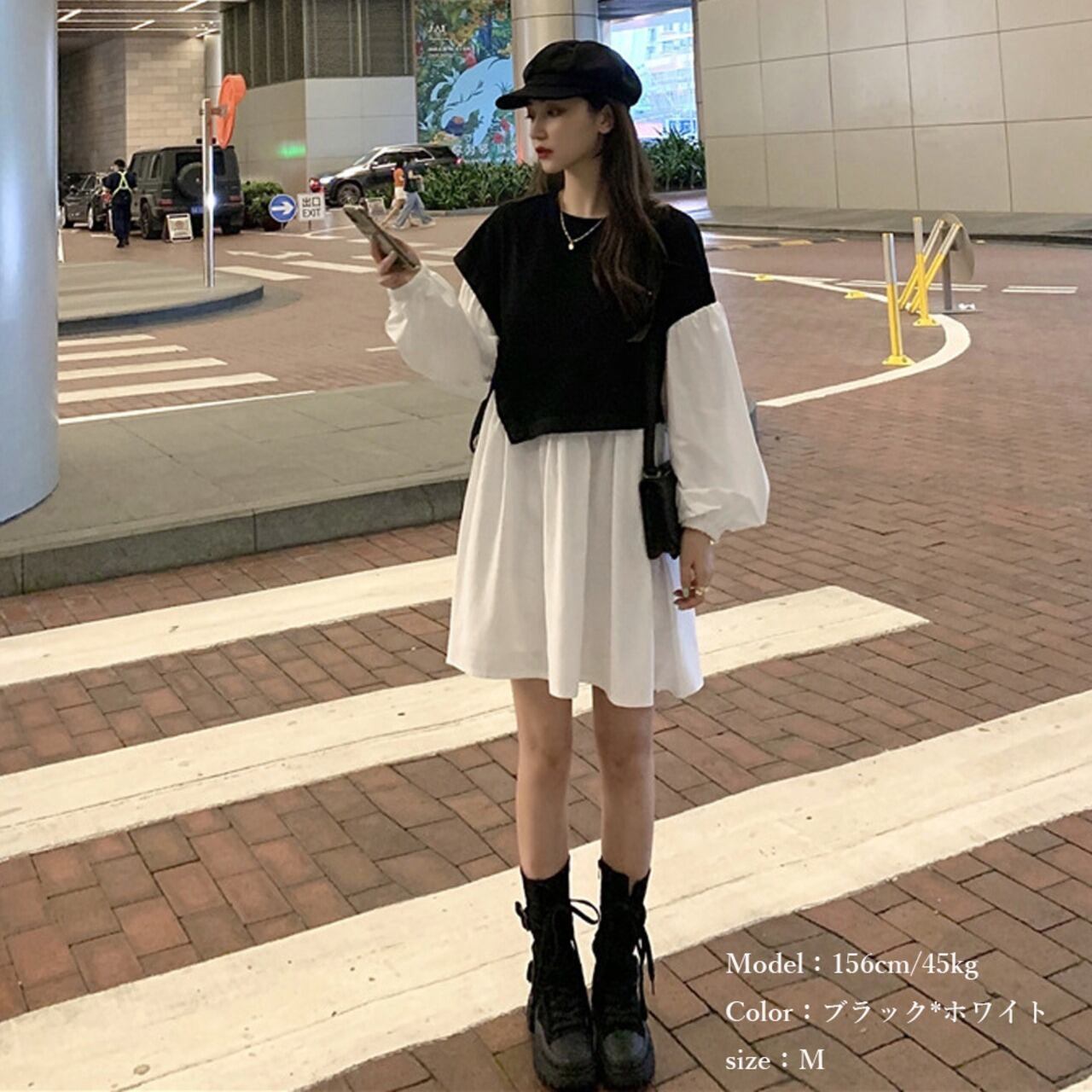 シャツワンピース レディース ベストレイヤード風 おしゃれ 長袖