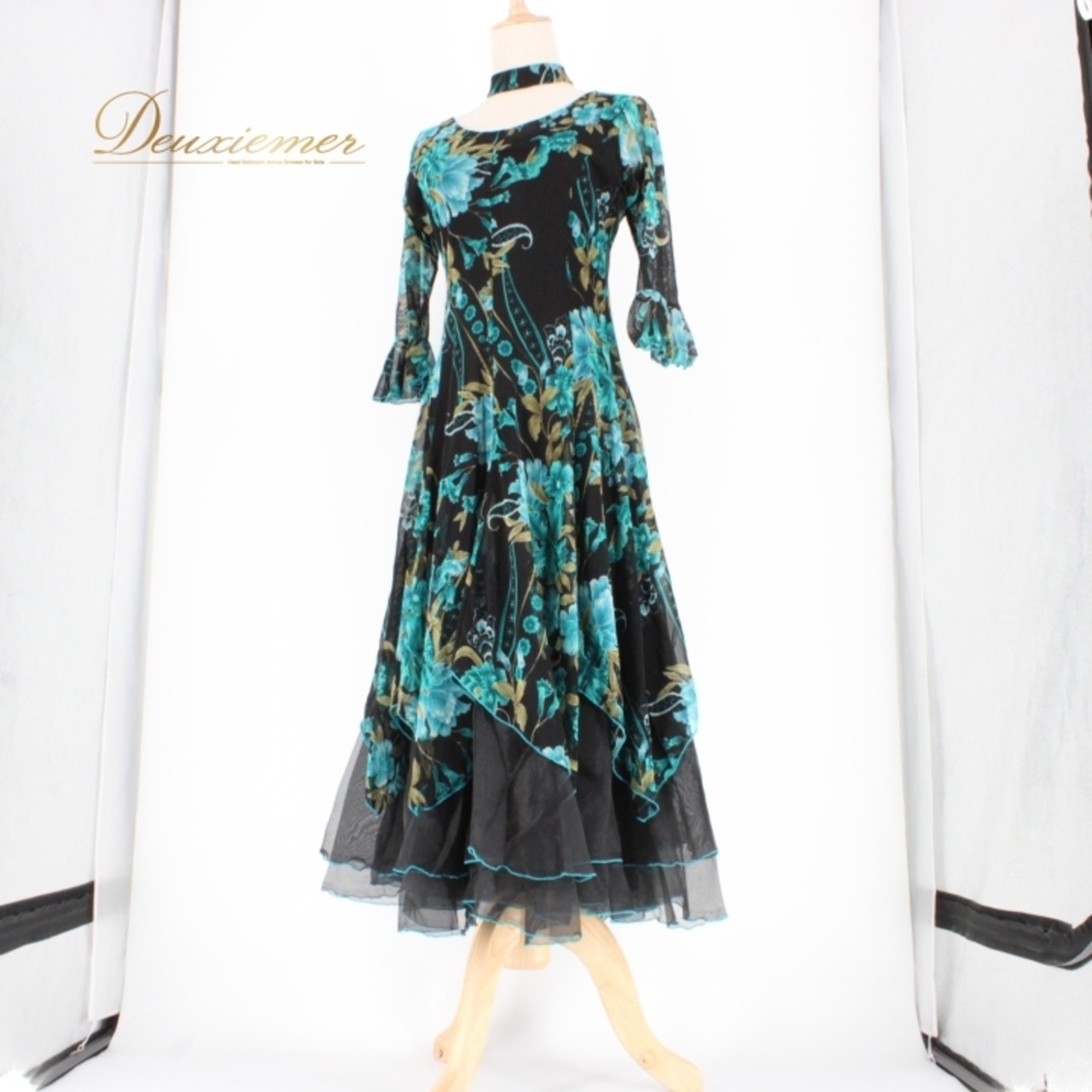 社交ダンス 衣装 スタンダード ドレス ワンピース パーティドレス ブラック系 グリーン系 チョーカー 黒 緑 レース 透け感 シック 準正装 花柄 ファスナー 伸縮性 おしゃれ レディース ダンス衣装 ショートスリーブ フェミニン セクシー 大人用 イベント用 パーティー ドレッシー デザインドレス エレガント