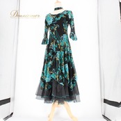 社交ダンス 衣装 スタンダード ドレス ワンピース パーティドレス ブラック系 グリーン系 チョーカー 黒 緑 レース 透け感 シック 準正装 花柄 ファスナー 伸縮性 おしゃれ レディース ダンス衣装 ショートスリーブ フェミニン セクシー 大人用 イベント用 パーティー ドレッシー デザインドレス エレガント