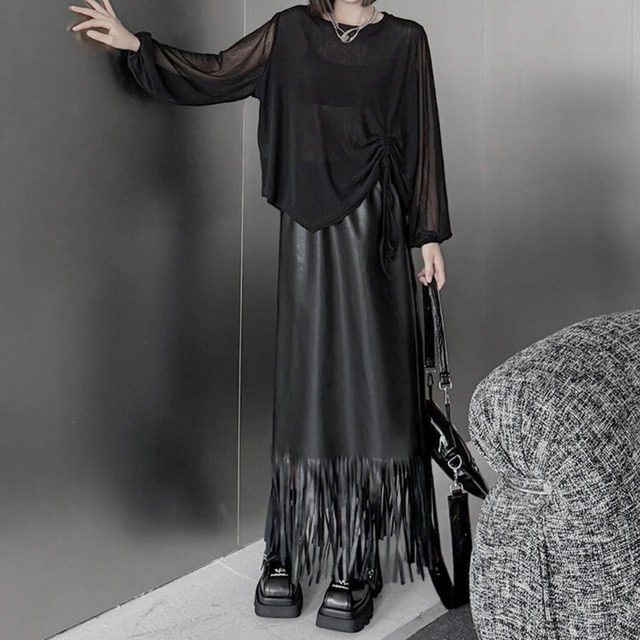 Tassel leather mid-length skirt C0499