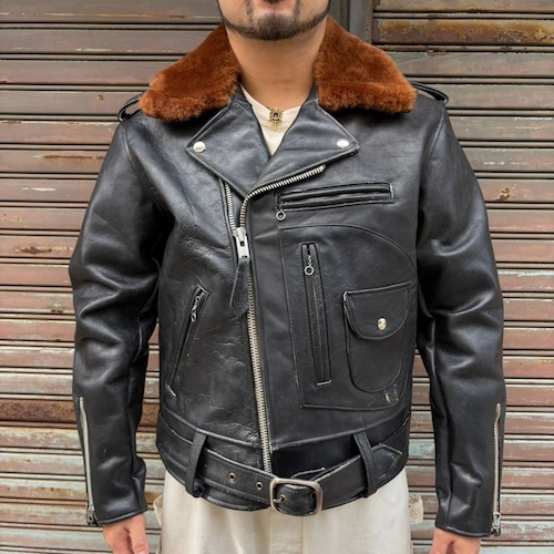 Vintage Leather D-Poket Riders Jacket 再構築 ヴィンテージ レザー ライダースジャケット ムートンカラー ダブルライダース 40s 50s モーターサイクル ブラック 44