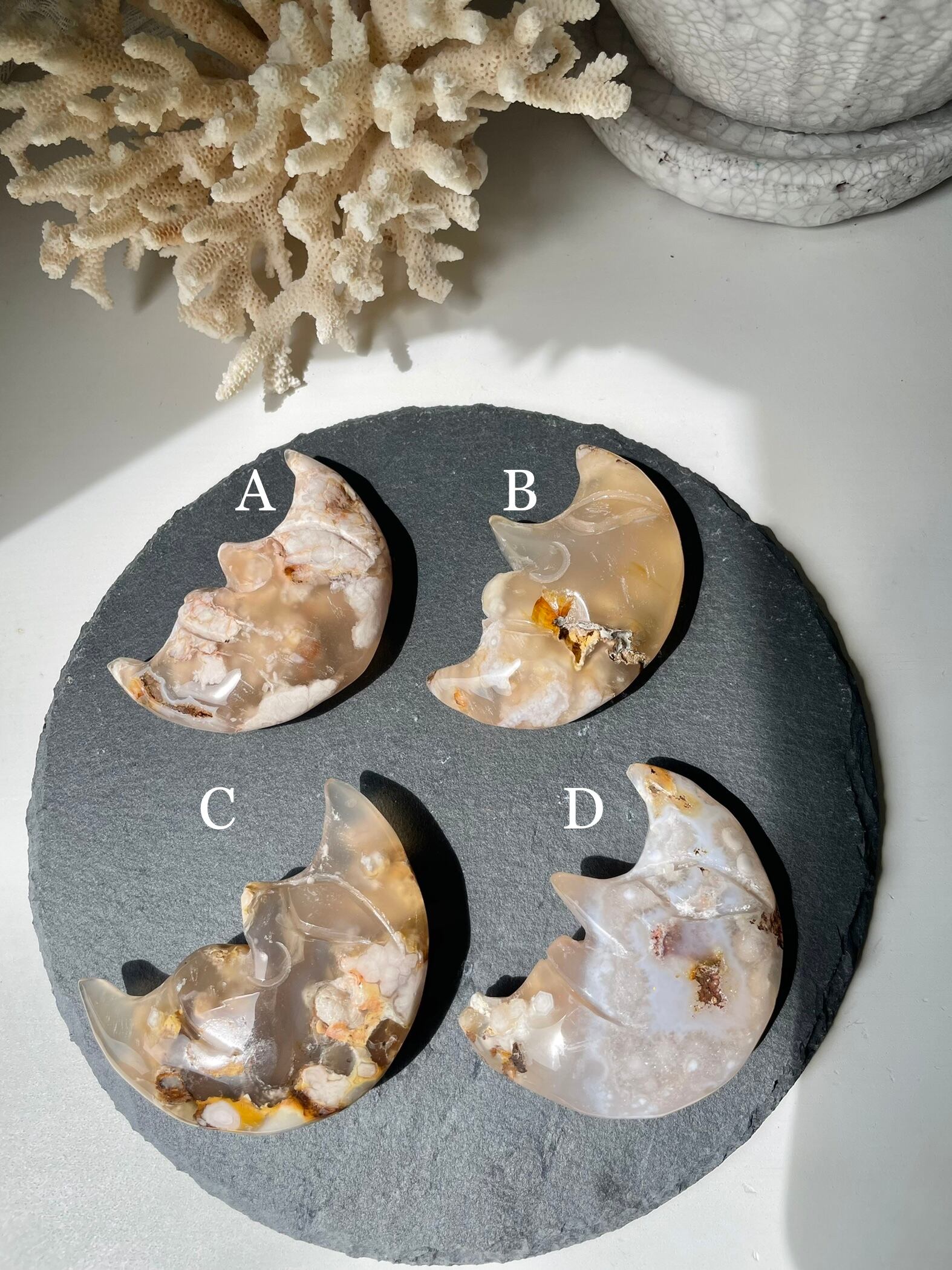 Flower Agate Moon shape stones(L) ①/ フラワーアゲートムーンシェイプ(L)①