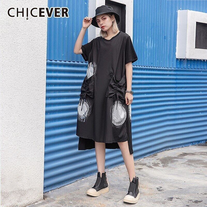 CHICEVERサマードットプリントレディースドレスOネックハーフスリーブドローストリングポケットルーズミッドカーフAラインドレス2020 半袖 夏物 6base566205603614