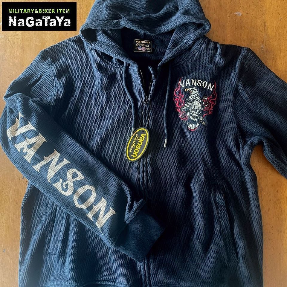 VANSON バンソン スカルイーグル ZIPパーカー NVSZ-2212 ブラック 刺繍