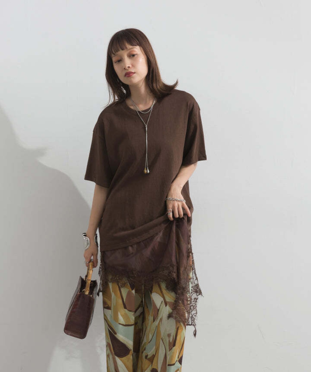 2605142 レースヘムレイヤードカットソー brown