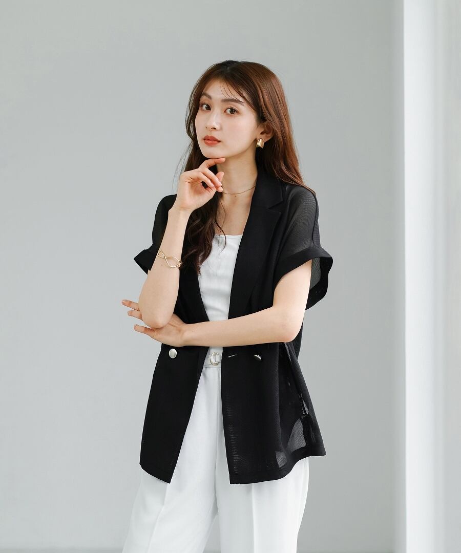 抜け感シアー 】 変わり織メッシュ・フレンチスリーブジャケット