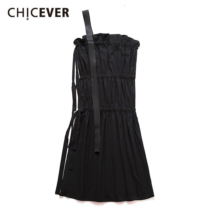 CHICEVERパッチワークメッシュレディースドレスストラップレスウエストレースアップノースリーブプリーツミニドレス2020 6base585396563613