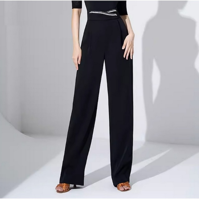 ハイウエスト装飾ベルト付きワイドレッグパンツ ds0123